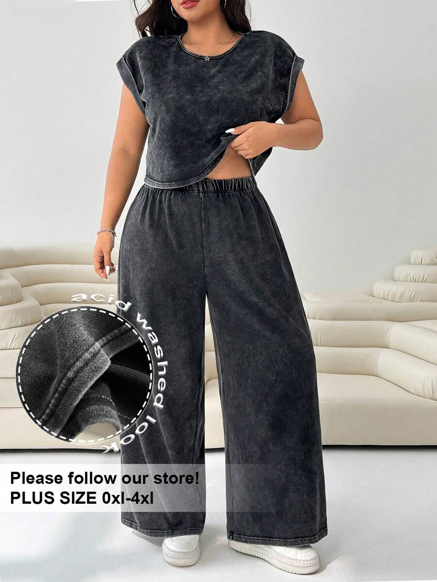 Solflare Plus Size Women 2 Pieces Casual Washed Top And Pants Set, For Summer 2 Piece Lounge Sets Women,Fall,Back To School,Business Casual,Office Outfits,Work,Teacher