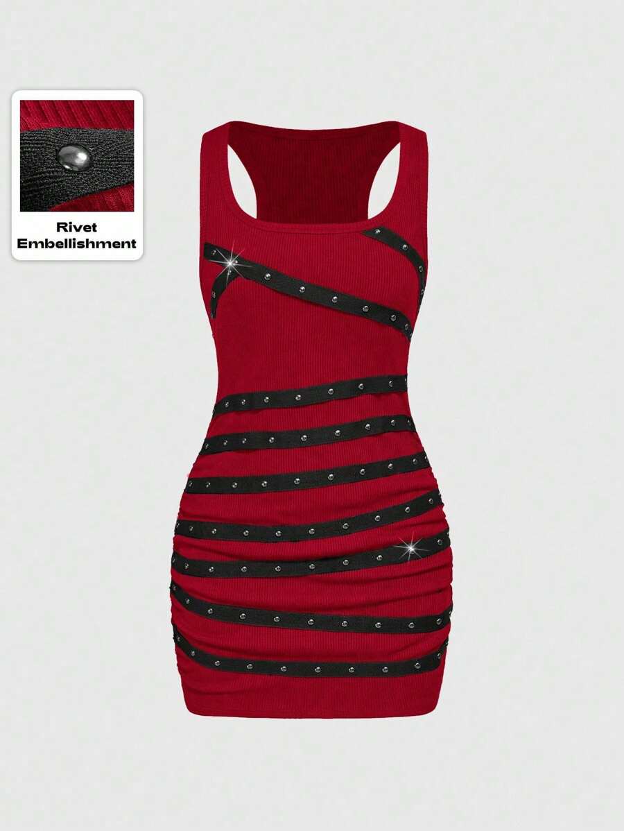 ROMWE Grunge Punk Back To School Sleeveless Sexy Mini Dress For Women, Backless, Round Neck, Studded, Rhinestone, Ribbon, Suitable For Graduation, Easter, Concert, Nashville Vacation, Music Festival, Rock