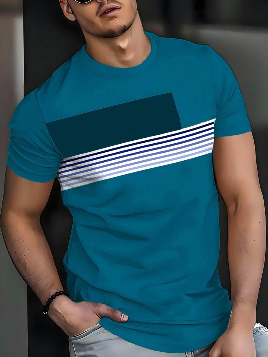 Manfinity Homme Men's Casual Colorblock Striped Round Neck Short Sleeve T-Shirt, Summer