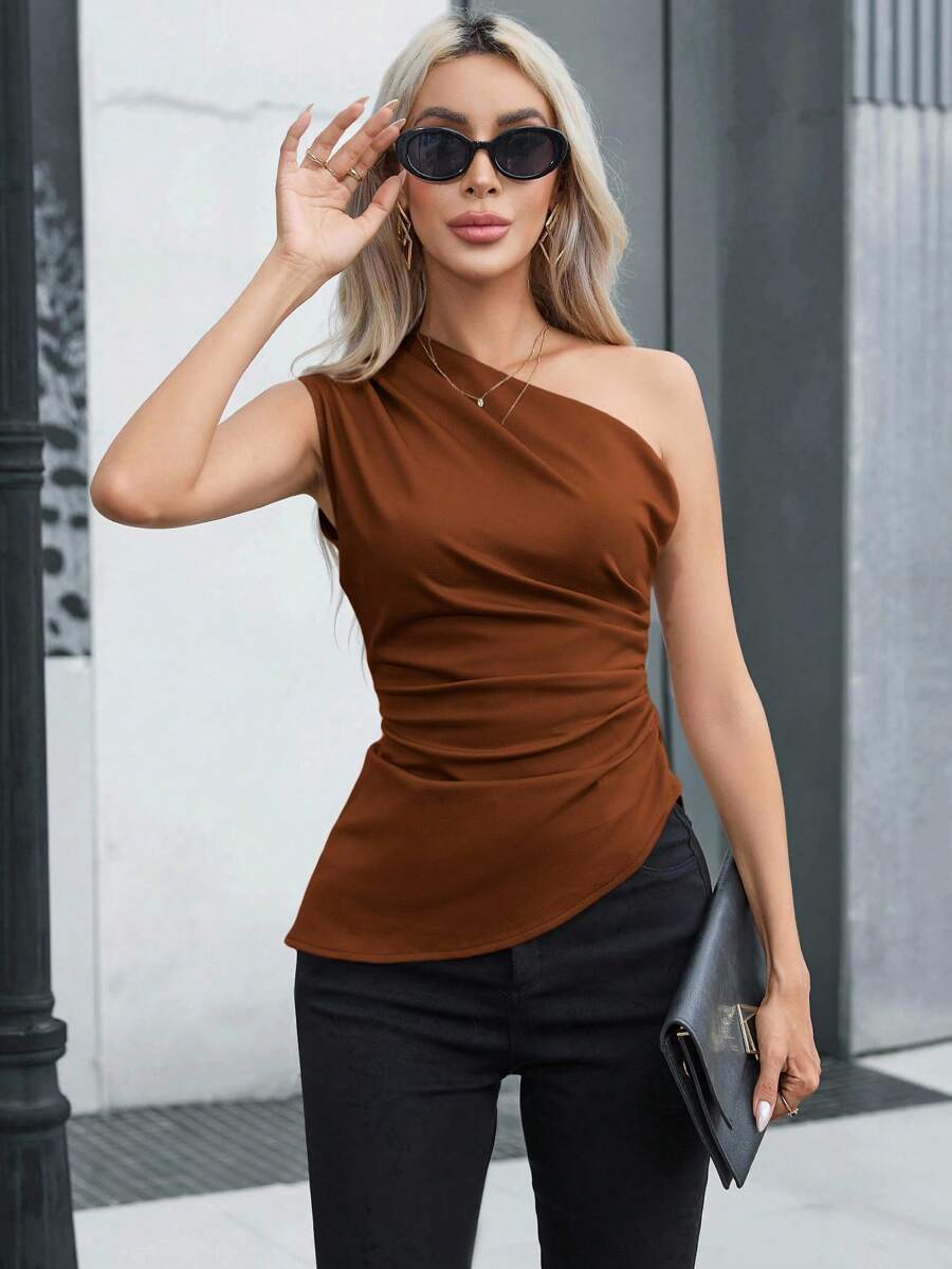 Aveloria Modichic Blusa Assimétrica de Cor Sólida e Plissada, Ajustada ao Corpo, Sem Mangas, para Mulheres