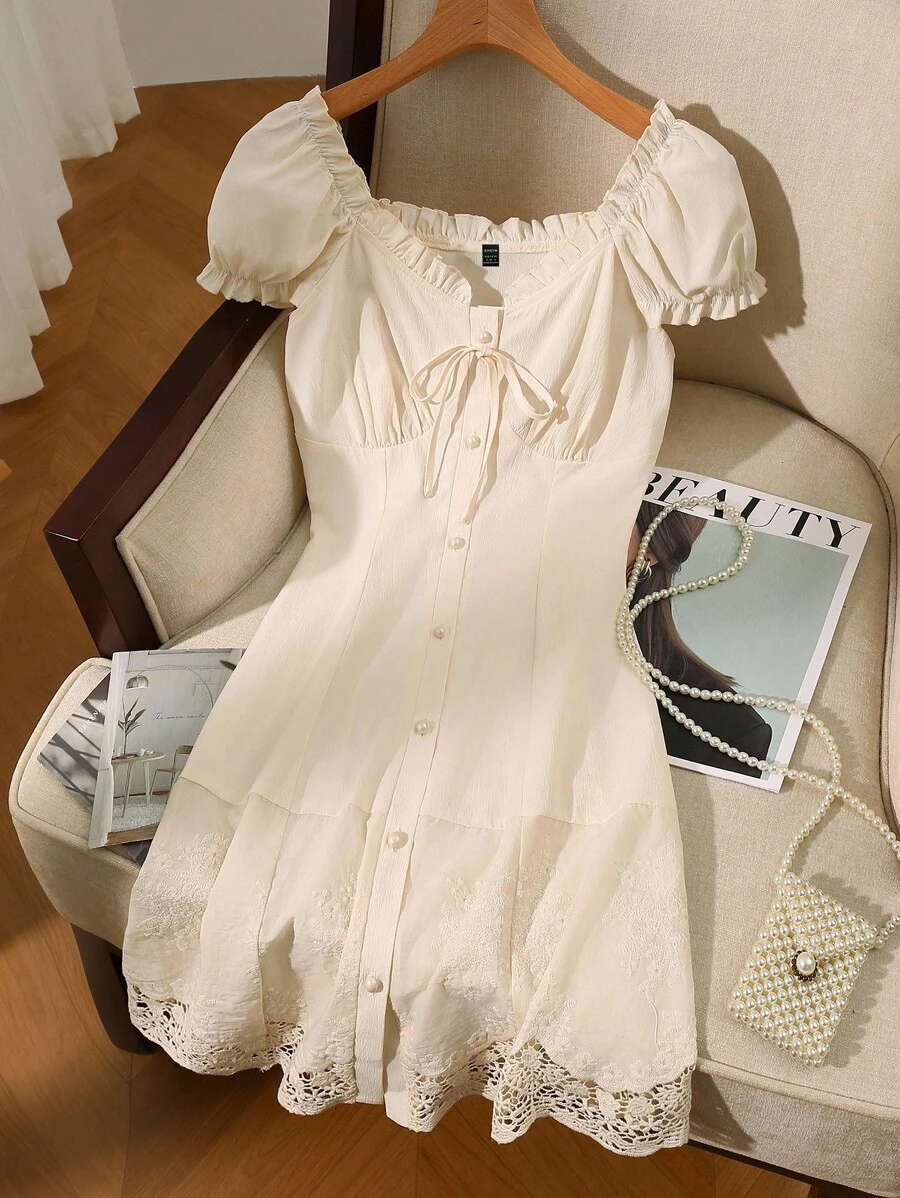 Franclia Women's Sweet Elegant French Style Tie Strap Lace Patchwork Hollow Out Ruffle Off Shoulder Form-Fitting Short Dress, Spring/Summer French Style Dress Cottagecore Dress Milkmaid Dress Puff Sleeve Dress Lace Trim Dress
