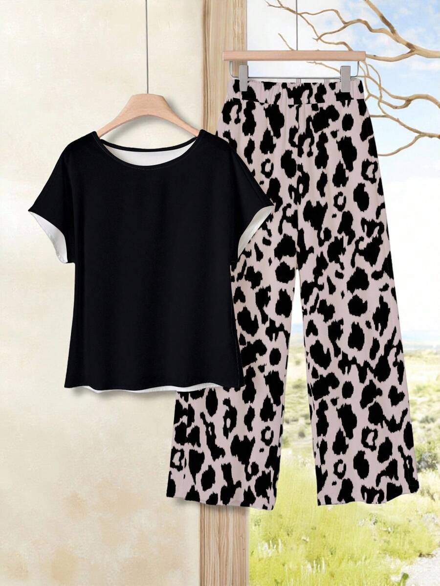 EMERY ROSE 2pcs Women's Solid Color Top And Full-Print Long Pants Set, Spring/Summer Suitable For Going Out