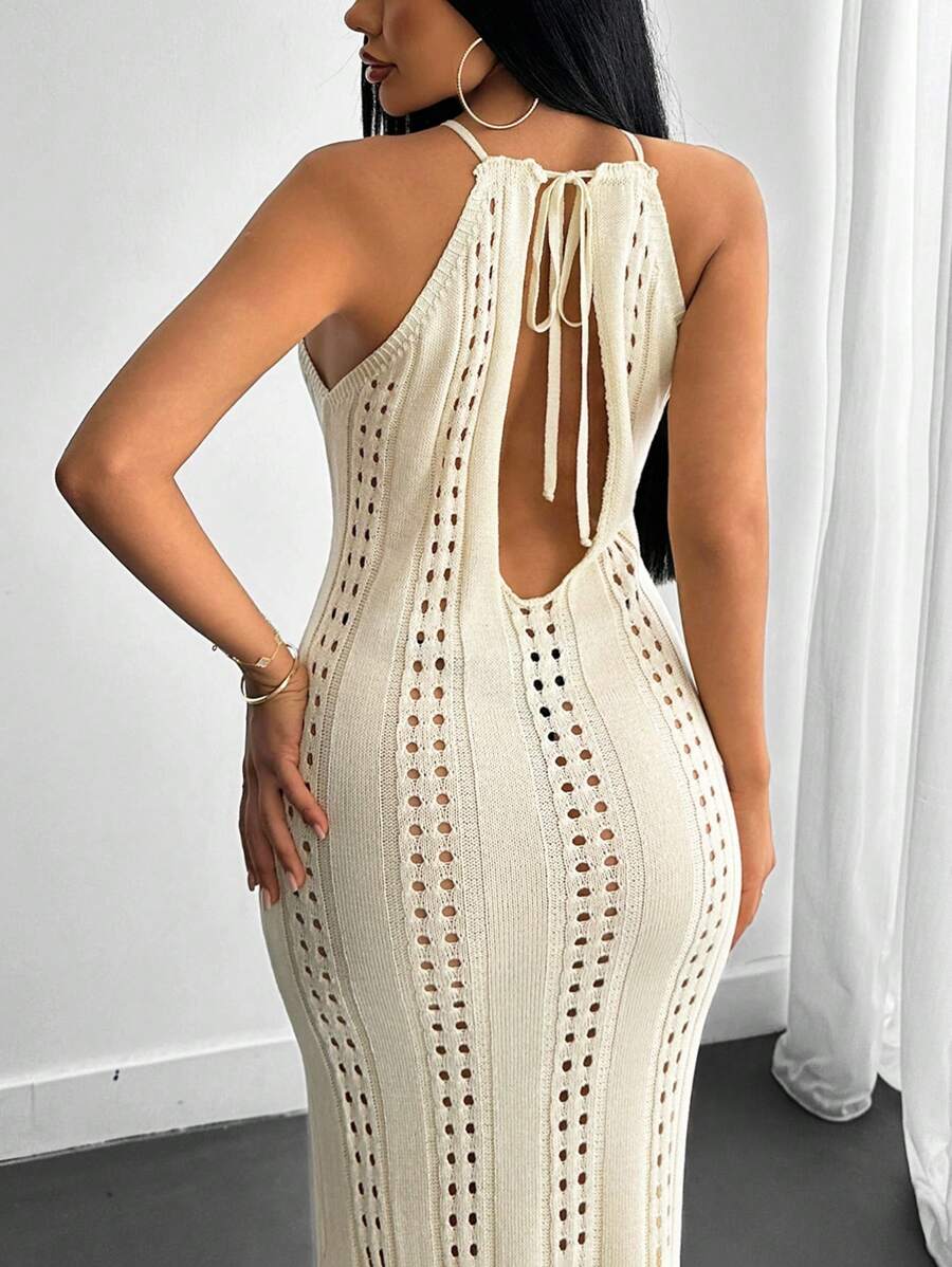 CLARA VERO Vestido midi tipo cubrecuerpo con cuello de halter y diseño hueco, estilo de playa para uso en verano