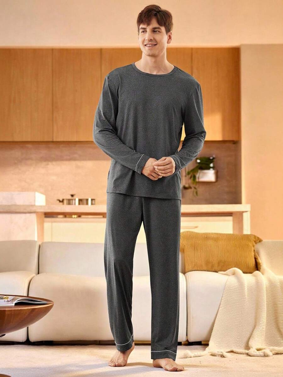 Manfinity Underwear&Sleepwear Basics 2pcs Men Solid Color Crew Neck Long Sleeve T-Shirt And Pants Loungewear Set