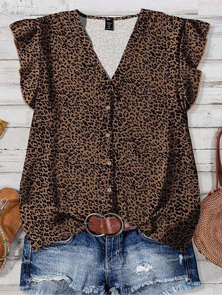 EMERY ROSE Casual Simple Brown Leopard Print Pattern Women Shirt, Minimalist Style Suitable For Summer Leopard Print Blouse Suitable For Going Out