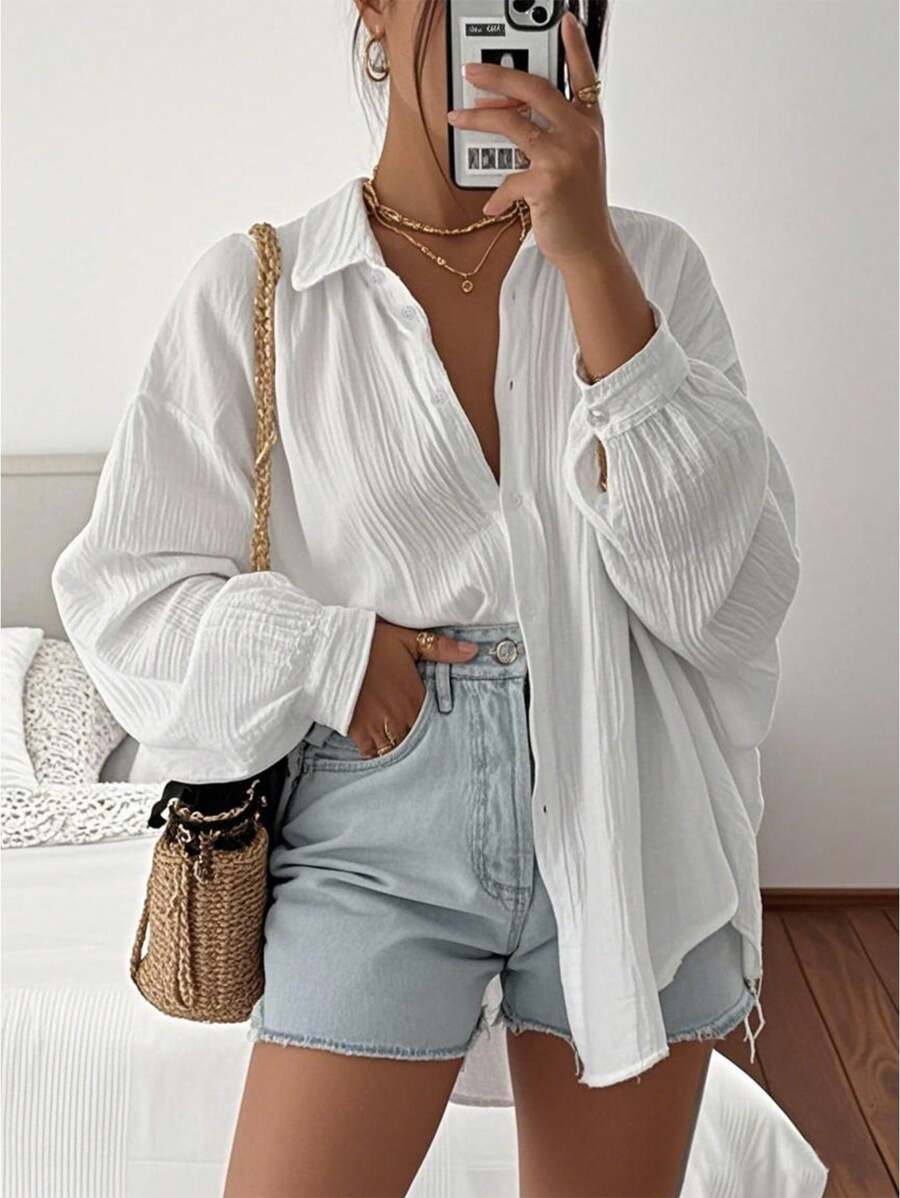 INAWLY Camicia casual monofilamento a maniche lunghe con spalle scivolate e monopetto di colore unito per donna