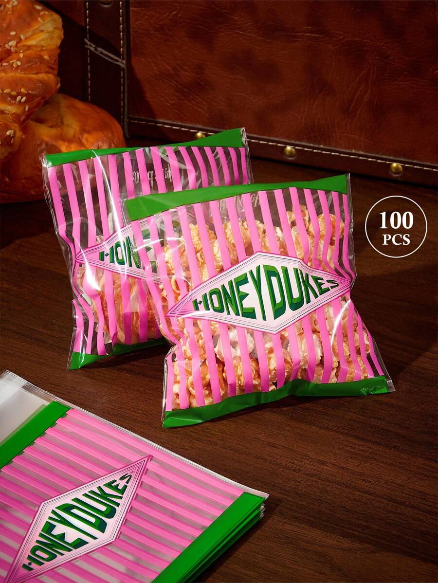 HARRY POTTER X SHEIN 100pcs Cute Letter & Striped Printed Transparent Flat Candy Bags, Cookie Packaging Bags, Wedding Party Candy, Lollipop, OPP Plastic Bags, Small Gift Bags, School Supplies, Food Bags, Food Boxes, Suitable For Candy, Chocolate, Cookies, , , Honey Dukes, Magic