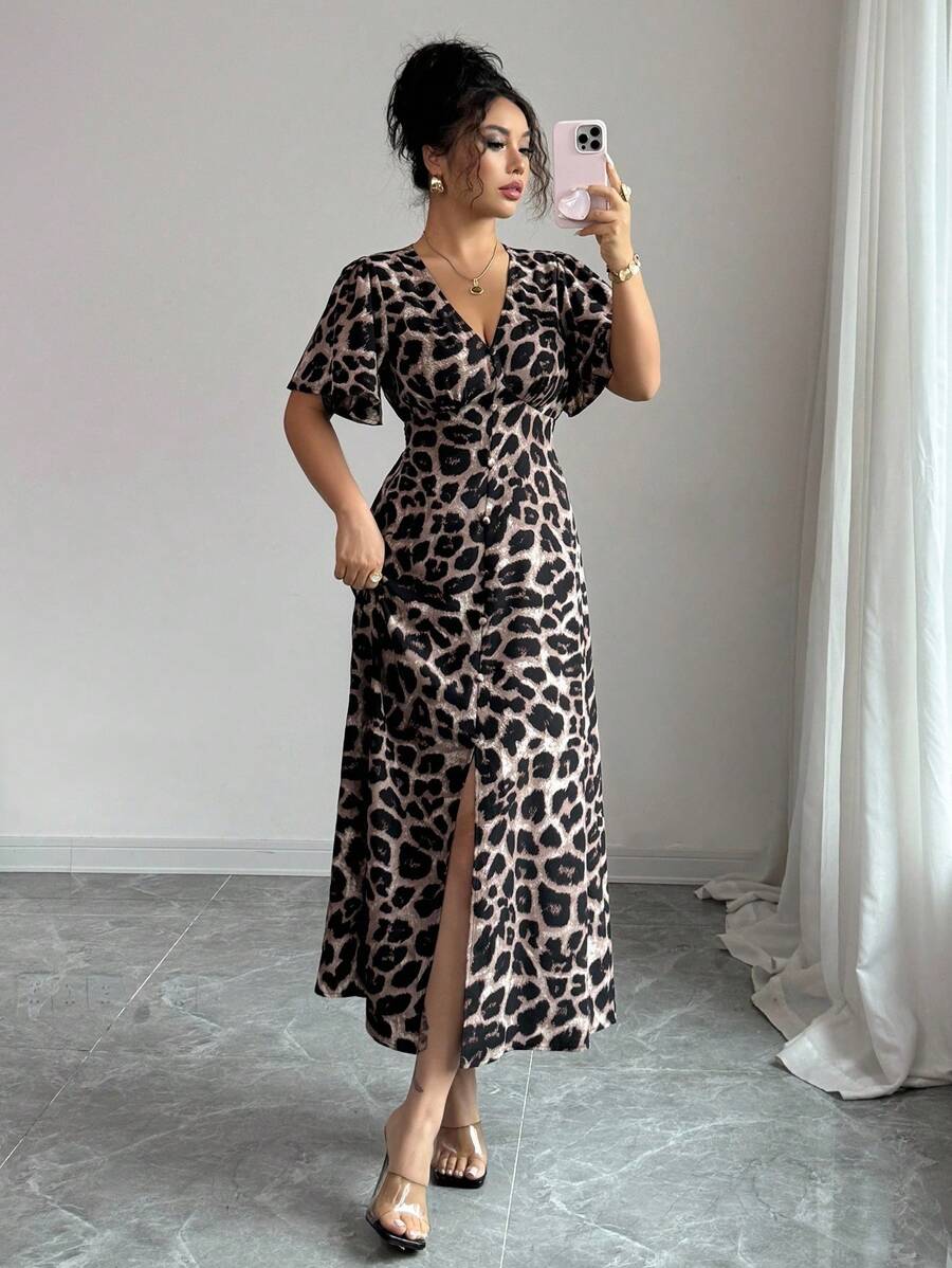 Selianne Elegantes, schickes, minimalistisches Damen Lässig Kleid in hochwertiger Stil, geeignet für Büro, Pendeln, Strand, Musikfestival, Nachmittagstee, französischer Riviera Stil, mit Leopard Muster, V-Ausschnitt, Taillenband, Knopfverzierung, A-Linie Saum, Schlitz, Puffärmel, knielang