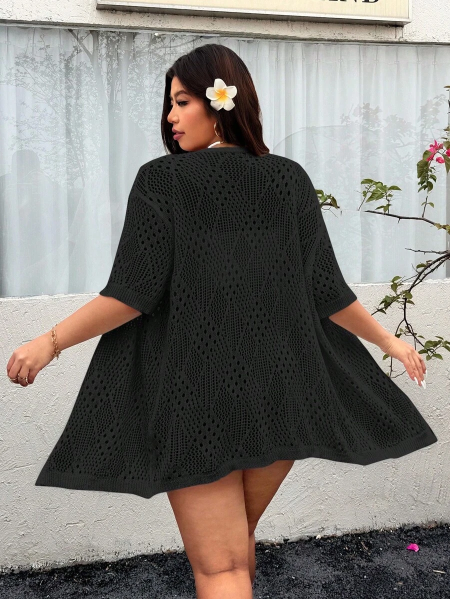 SHEIN EZwear Plus Size Casual Versatile Solid Color Hollow-Out Knitted Cardigan