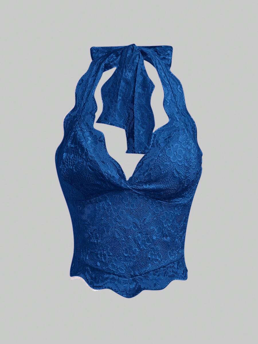 ROMWE Fairycore Top halter elegante y sexy de unicolor con espalda descubierta y encaje para mujer
