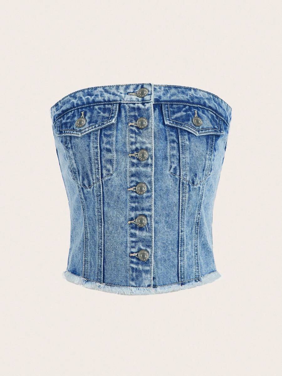 SHEIN MOD Top corto acanalado de unicolor con botones delanteros, verano