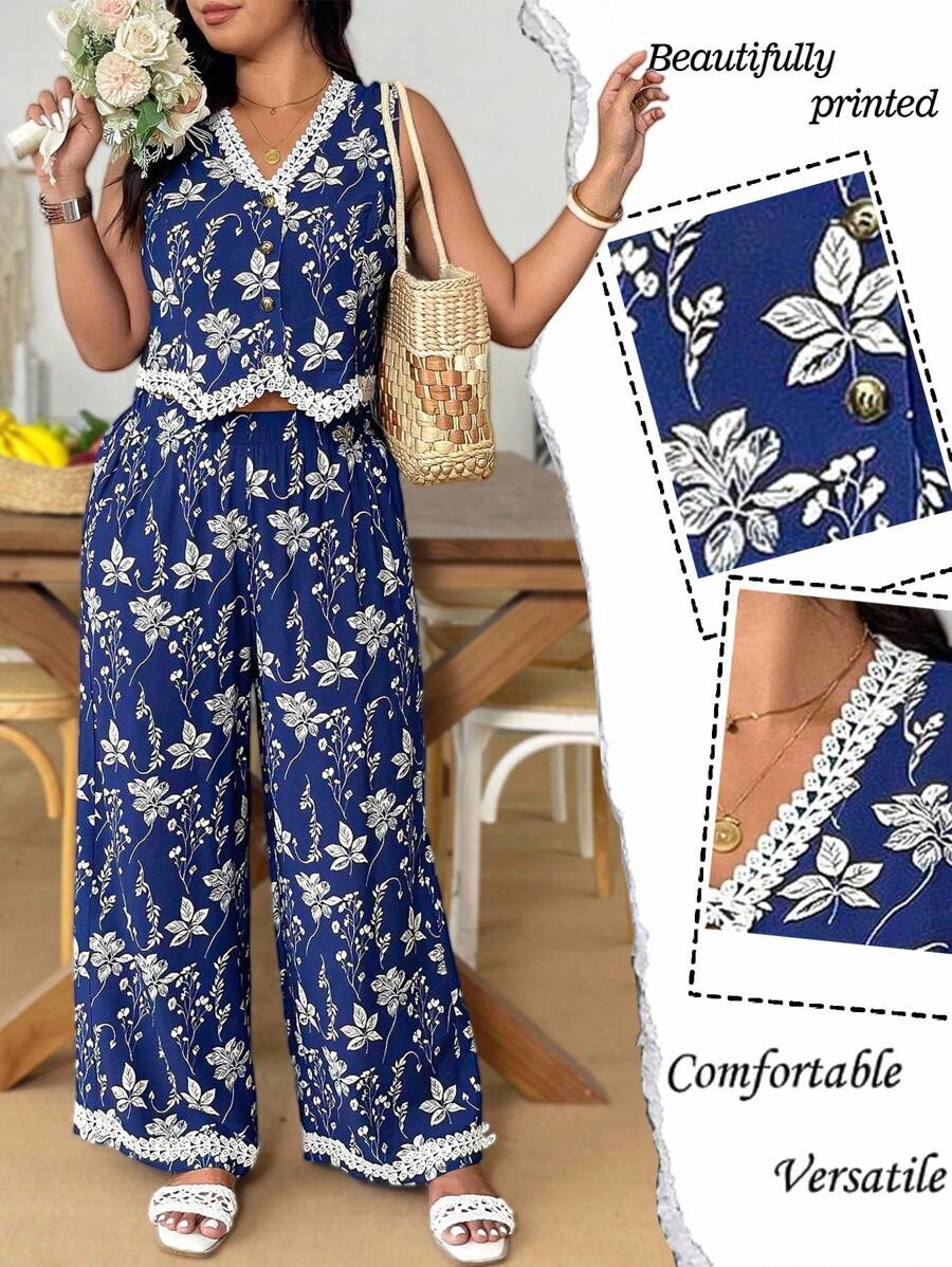 Weeklong Plus Size V-Neck Sleeveless Scalloped Trim Front Opening Jumpsuit And Straight Leg Scalloped Trim Casual Vacation 2 Pieces Set