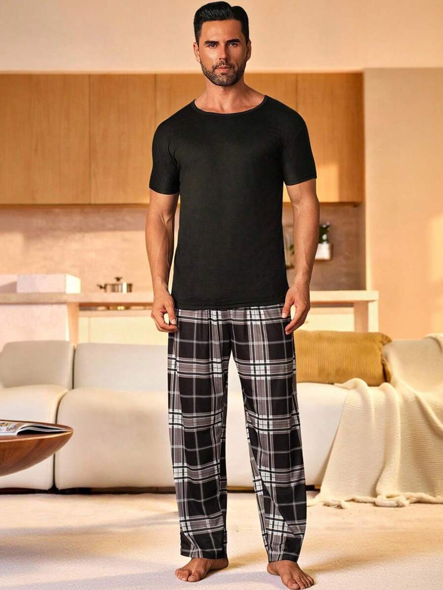 Manfinity Underwear&Sleepwear Basics Men's Plaid Print Drawstring Waist Loose Straight Leg Home Pants