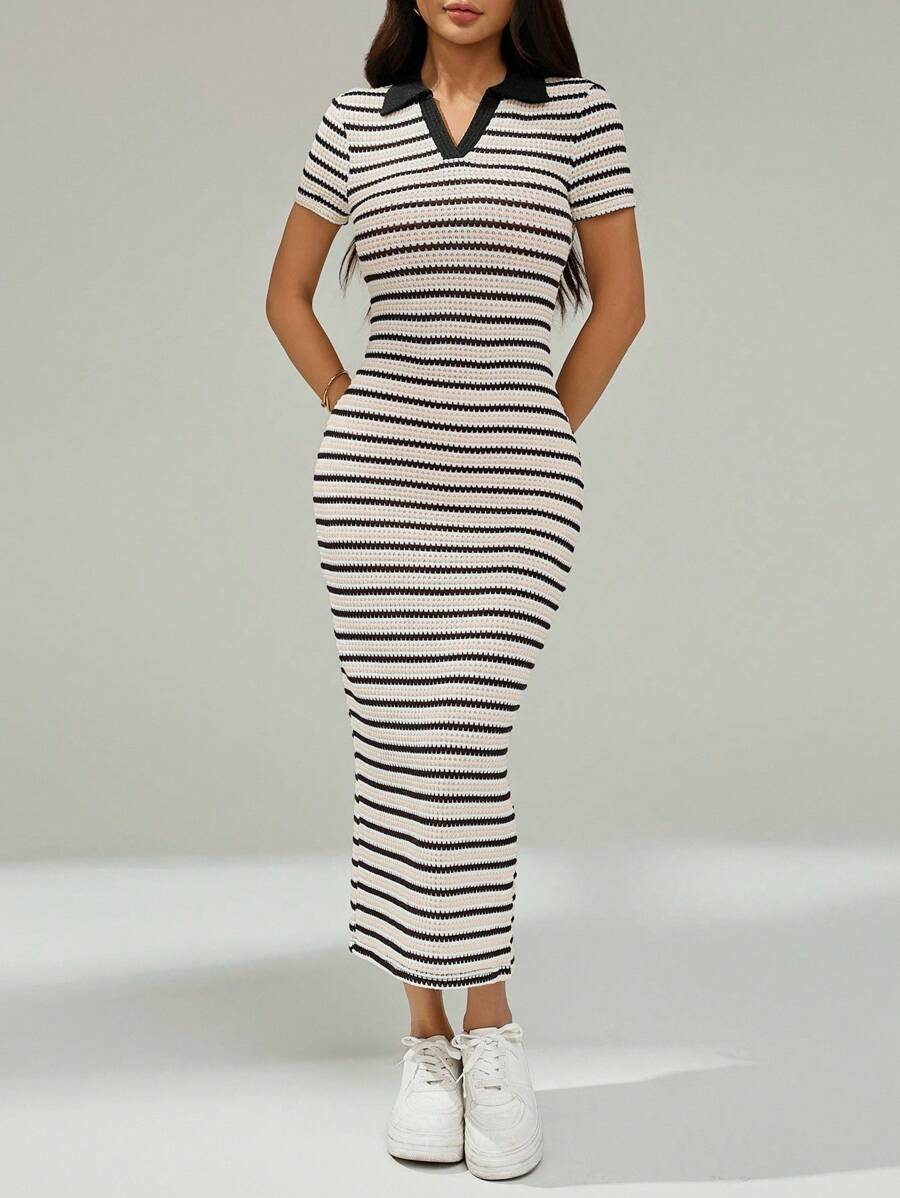 SHEIN PETITE Robe longue à manches courtes avec col polo tricoté à rayures pour femmes