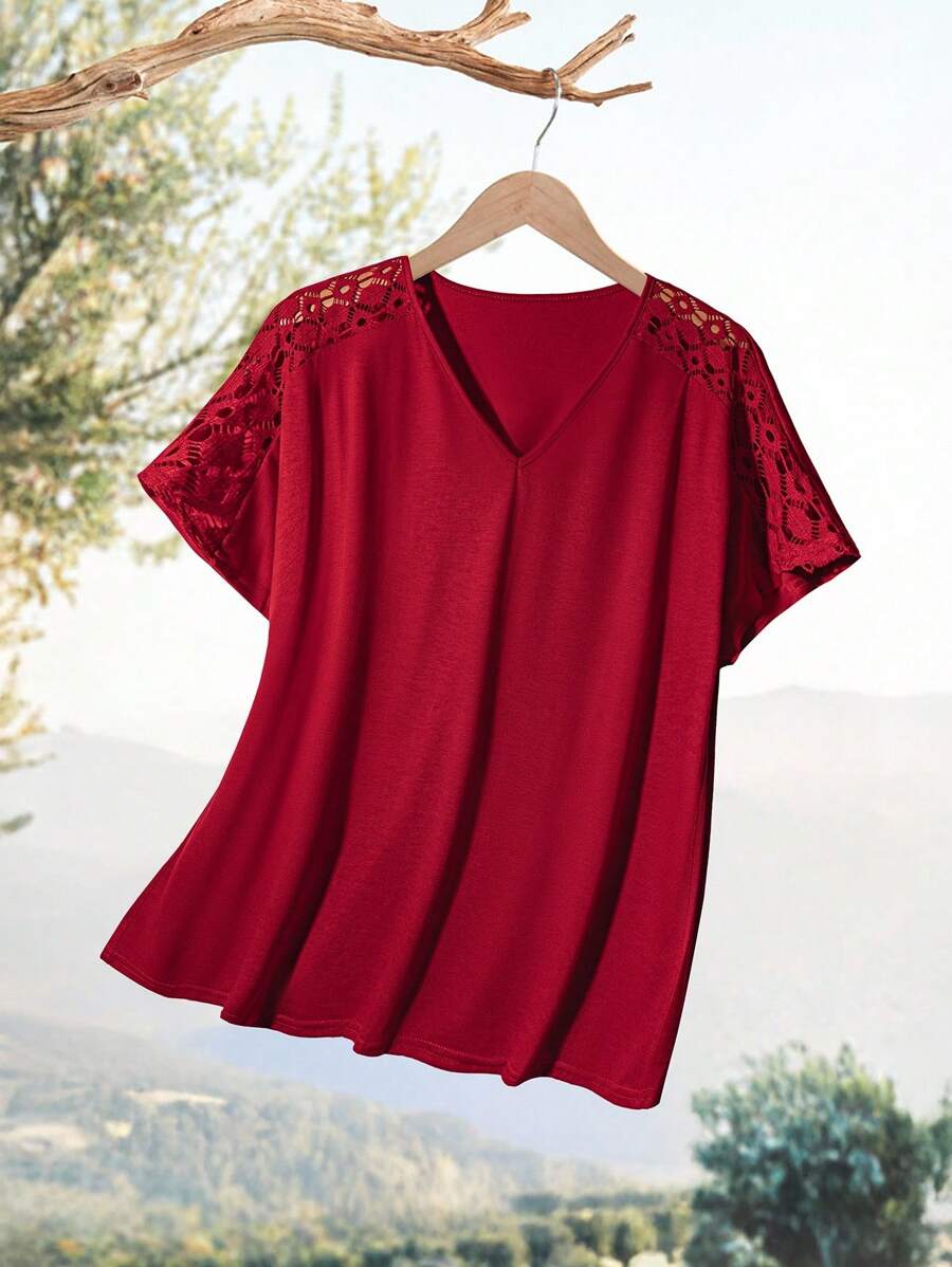 Rusticease Plus Size Women Summer Solid Color V-Neck Raglan Sleeve Short Sleeve Loose Casual T-Shirt
