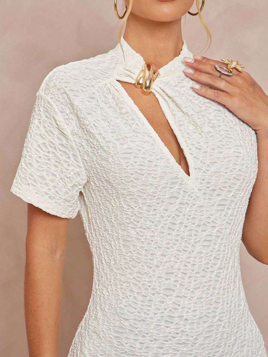 Lumalex All White Party Outfit Women Fall Modest Old Money Coquette Glitter Holiday Party Outfit Rave Festival Outing Swim Vacation Bohemian BOHO Sea Beach Hot Outdoor Richly Layered Wedding Season Banquet Coming Of Age Ceremony Beach Seaside High Collar Metal Decor Textured Fabric Tight Fit Long Sleeve Women Top