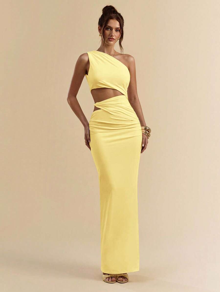 SHEIN BAE White Asymmetrical Ruched Fitted Hollow Out High Split Dress, Beach Holiday White Long Dress, Bohemian Maxi Summer Dress,Fall Wedding Guest Dress