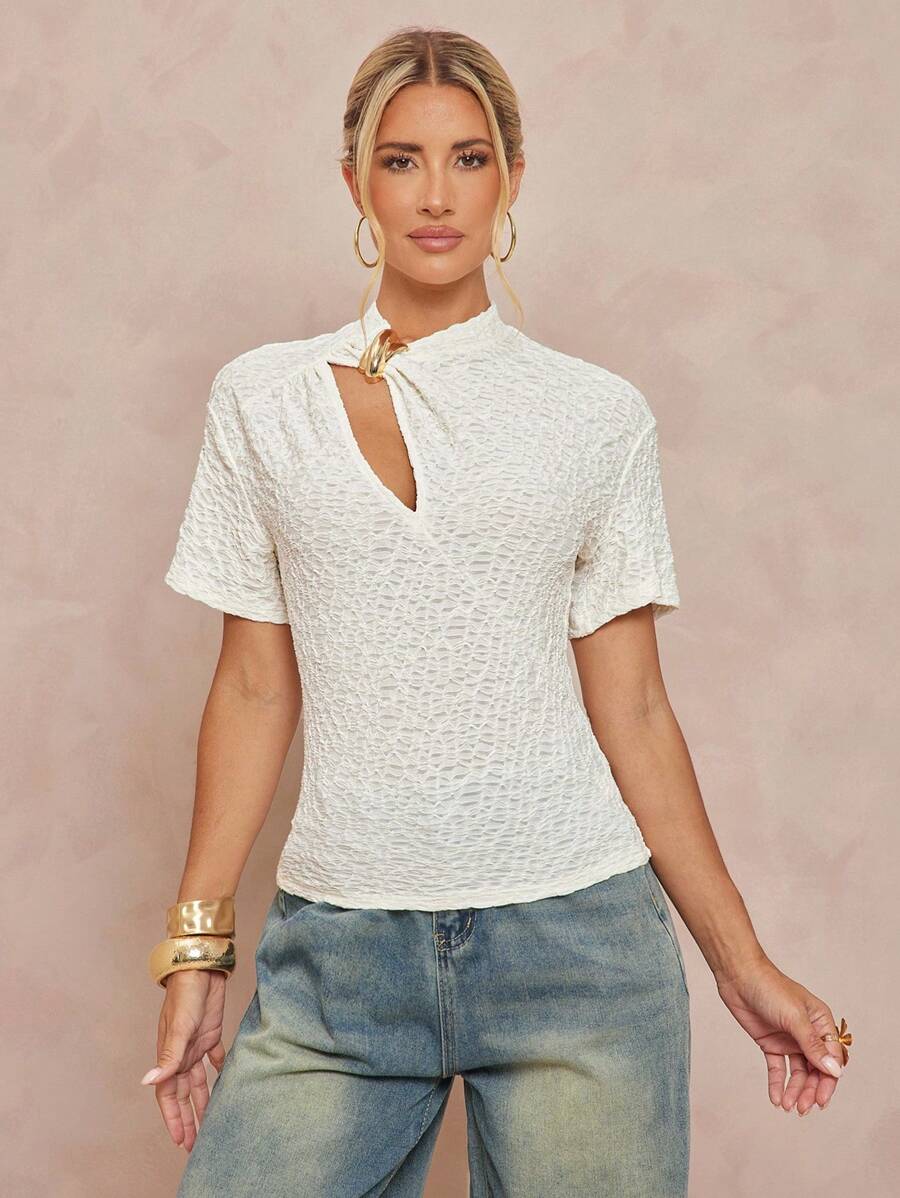 Lumalex Top a maniche lunghe aderente da donna, con colletto alto, decorazione in metallo e tessuto lavorato
