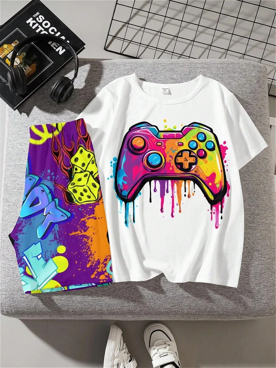 SHEIN Lässiges Und Einfaches Set Aus Kurzärmligem T-shirt Und Shorts Mit Spielkonsolen-muster Für Tween-Jungen, Geeignet Für Den Sommer