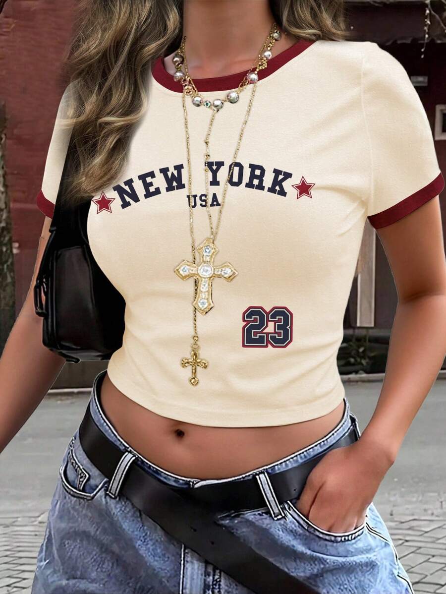 Damen lässiges Farbblock Patchwork Kurz T-Shirt mit Zahlen Muster, Sommer; New York Buchstaben Muster T Shirt; USA Buchstaben Muster T - shirt