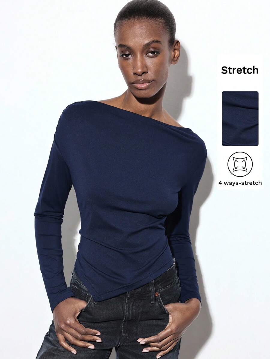 Maija Blusa azul claro con cuello asimétrico y fruncido, diseño de moda urbana casual y versátil, suave y cómoda, bajo asimétrico suelto, mangas largas con hombros caídos, atuendo de mujer casual de primavera temprana para conciertos, vacaciones y modesto