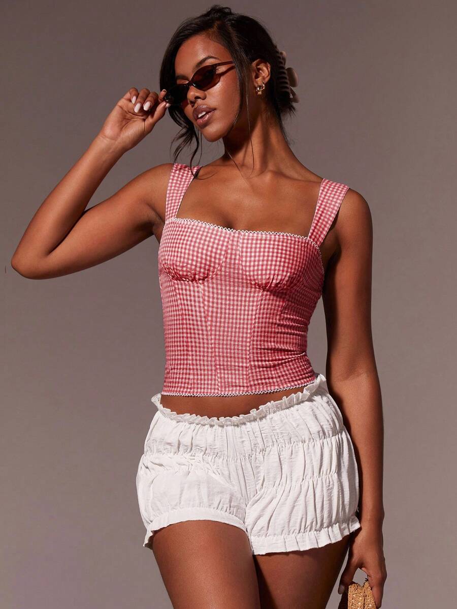 Athîral Top camiseta ajustada y corta a cuadros para mujer