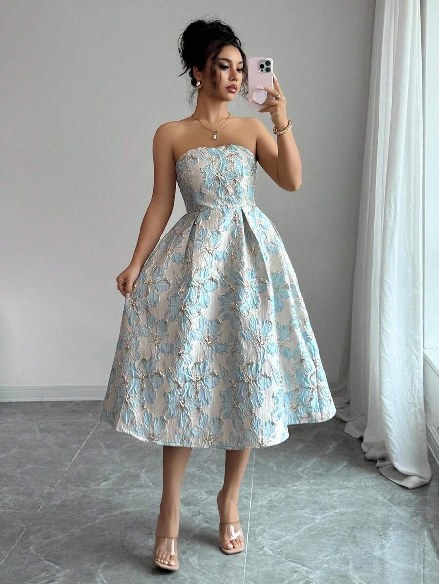 Elenzga Vestido de verano elegante de longitud media con estampado jacquard y escote bandera para mujer