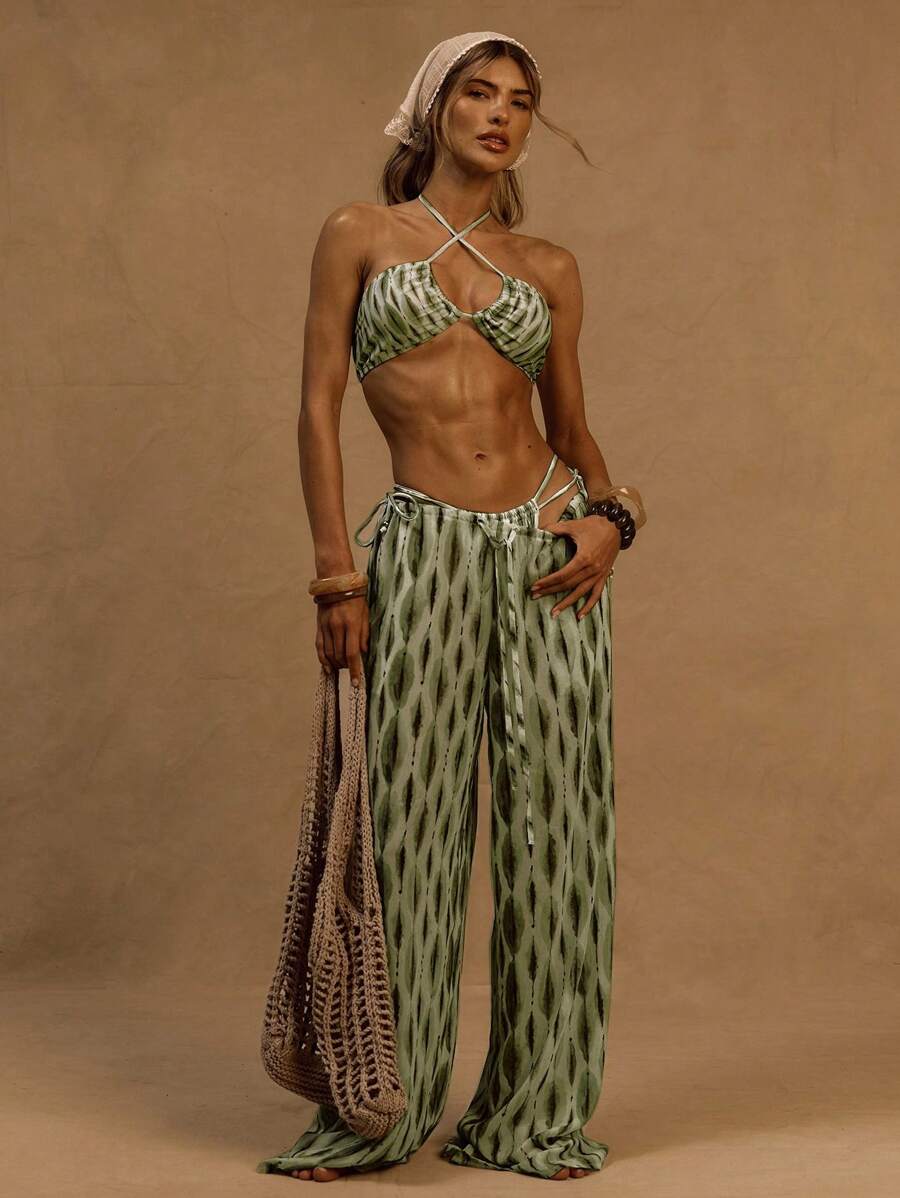 Musera Resort Printed Linen Look Tie Waist Wide Leg Trouser Ibiza, Holiday, Spring, Summer, Vacation, Beach, Cover Ups White Isle