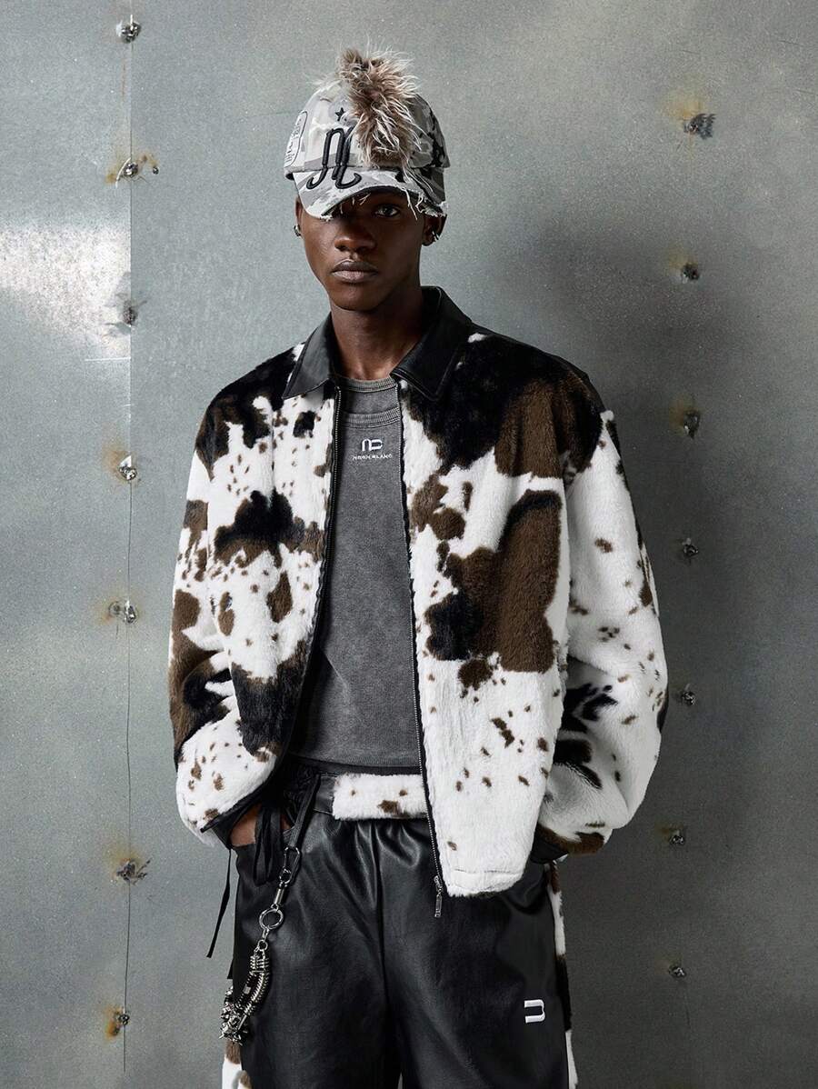 NEON BLANC Men's Street Style Fuzzy Leather Sleeve Long Jacket, Suitable For Autumn/Winter