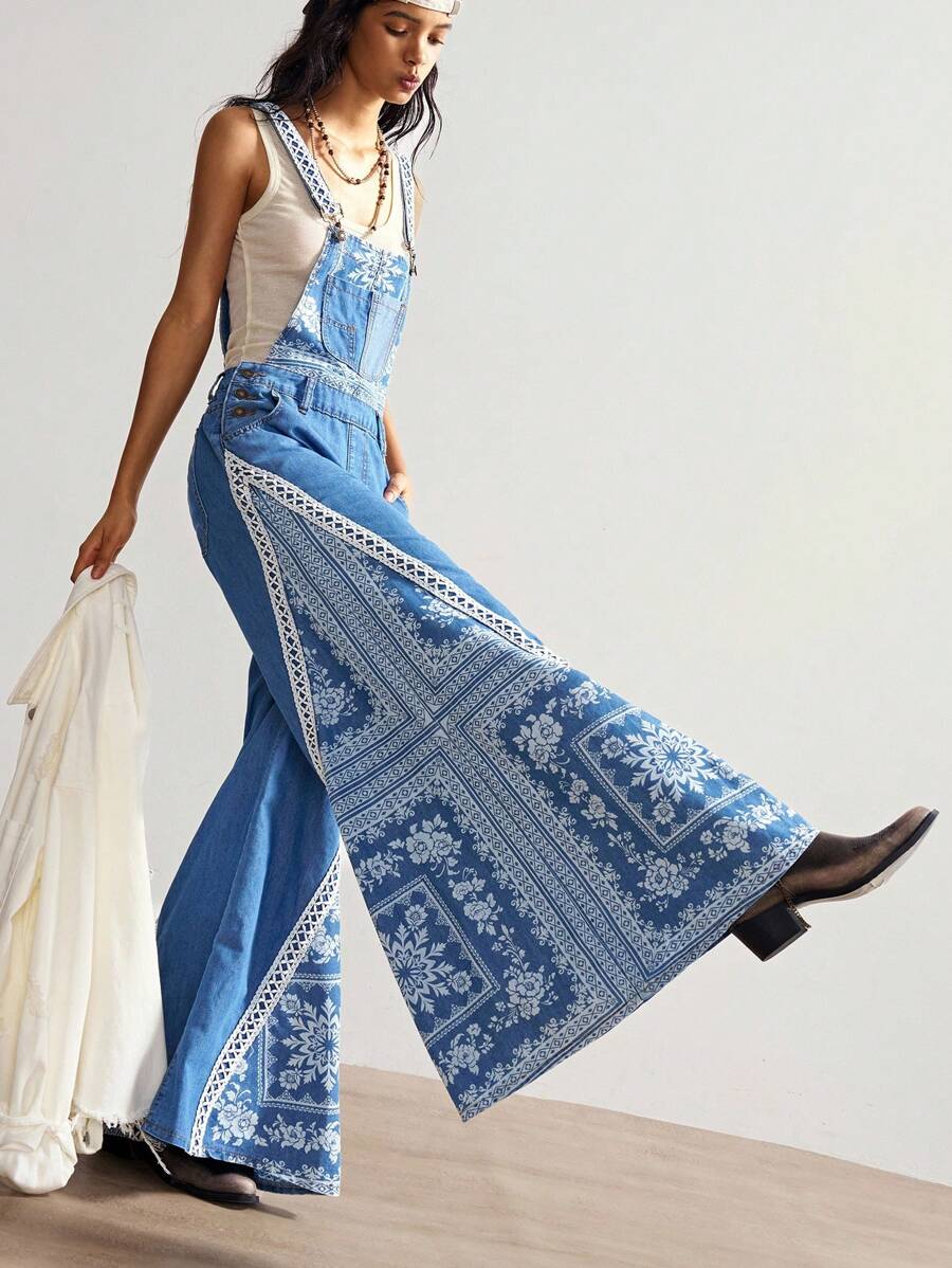 Bohemela Pantalon salopette en jean style patchwork imprimé, style bohème décontracté pour les vacances, pour femmes