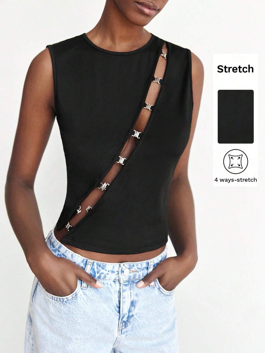 Maija Women's Black Sleeveless Metal Decor Modern Urban Casual Comfortable Fitted Round Neck Top With Metal Mushroom Button Accent, Versatile For All Season, Office, Business Casual, Urban Commute, Magazine Editor Favorite