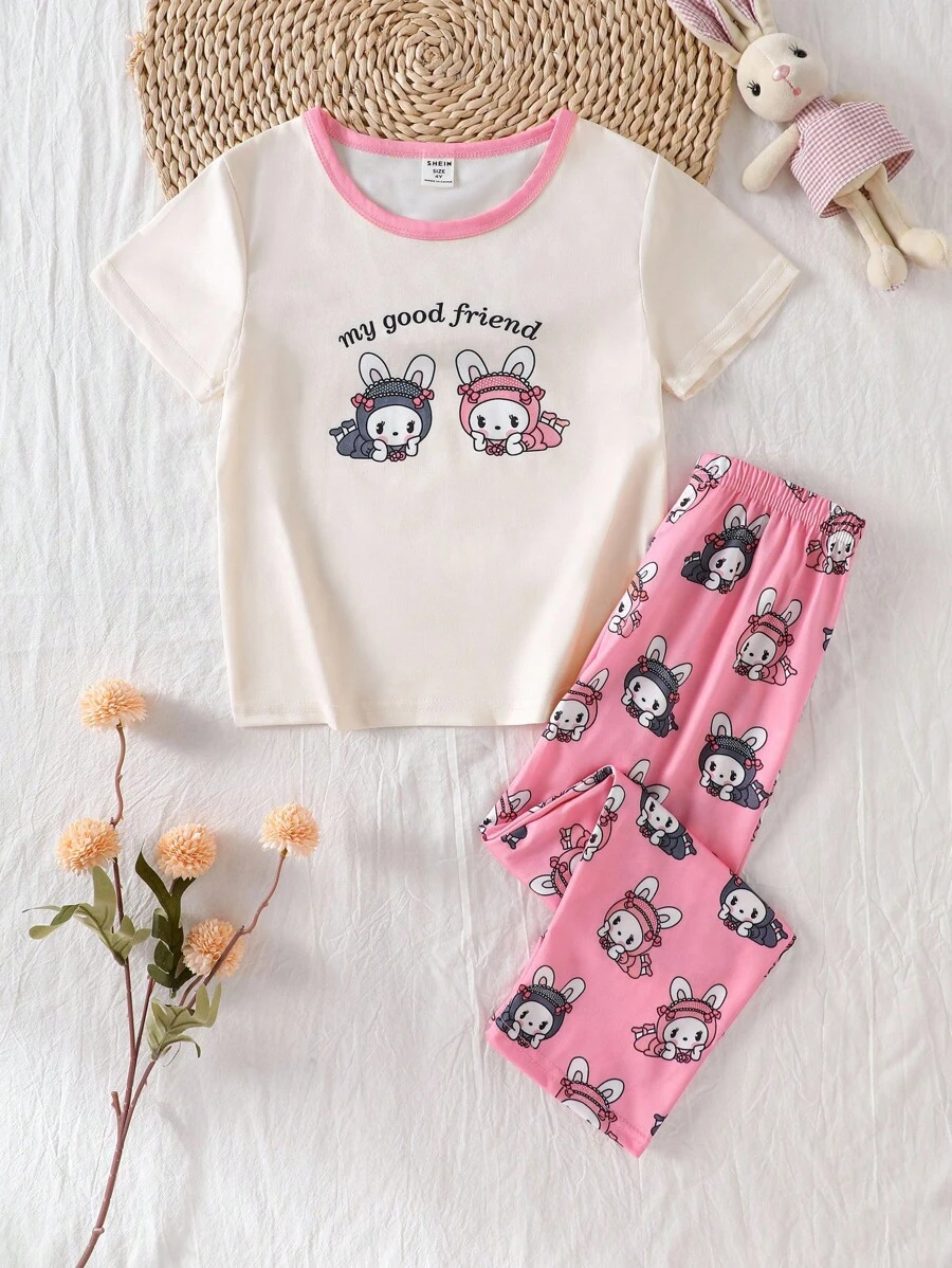 Young Girl Summer Cute Cartoon Anime Pajamas Set, Short Sleeve Top & Shorts, Sweet Princess Style Girls Home Clothes, 2025 New Arrival, Comfortable Cute Pajama Set For Girls Girls Sleep Wear Cute Pjs Sets For Girls Bunny Pajama Set Pink Pajama Set For Girls