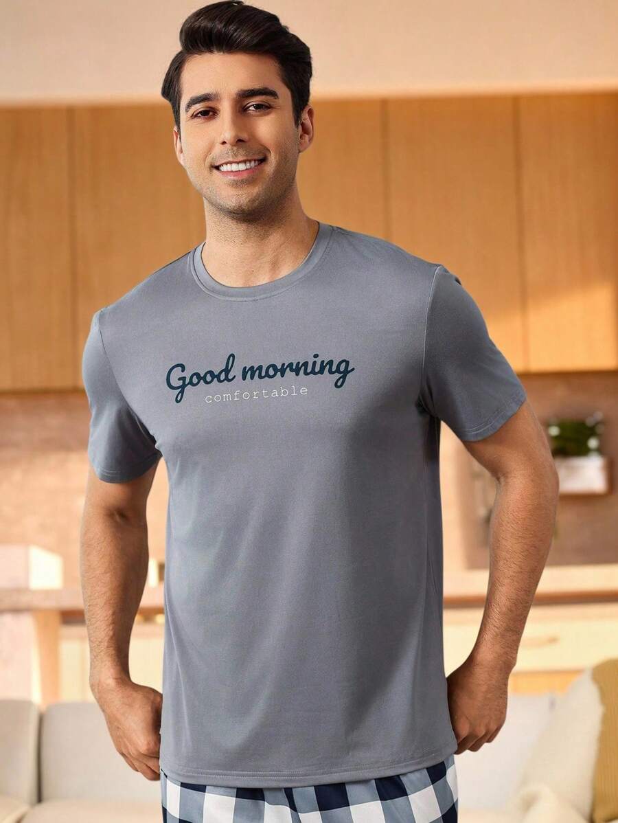 Manfinity Underwear&Sleepwear Basics Parte superior de pijama de cuello redondo con estampado de letra para hombres, conjunto de ropa de casa de verano