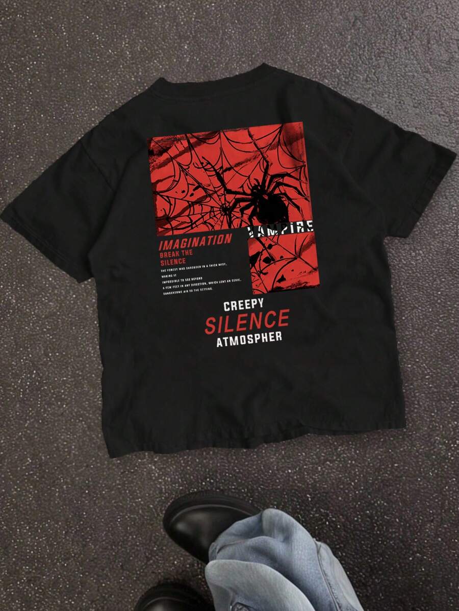 SHEIN Teen Boy Casual Simple Cartoon Red Spider Graphic Short Sleeve T-Shirt, Suitable For Summer, 100% Cotton