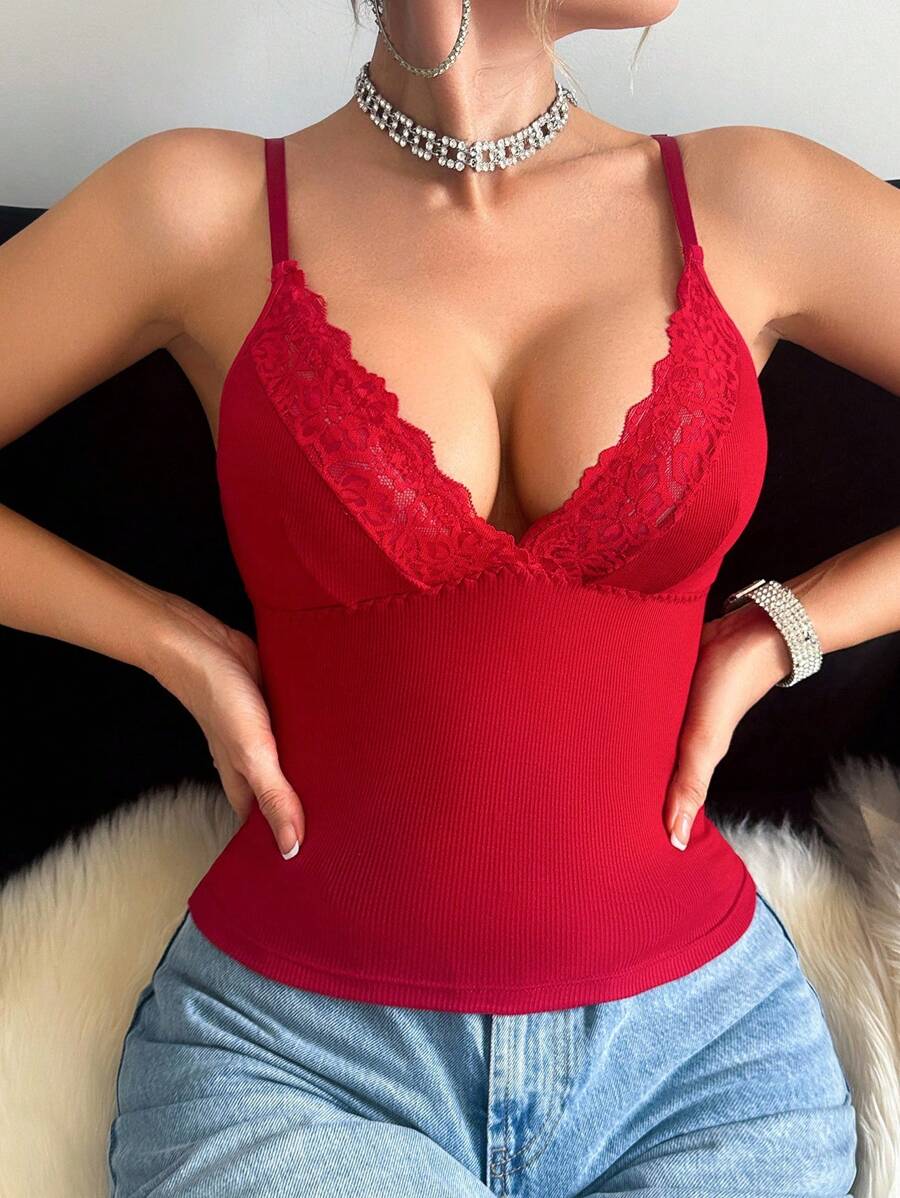 Women's Solid Color Contrast Lace Camisole Underwear