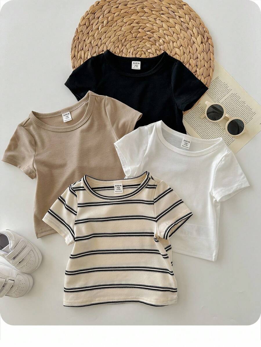 4pcs/Set Cute Baby Boy & Baby Girl Casual Versatile Knit Stretchy Striped Long Sleeve Tops, Suitable For Indoor & Outdoor, Spring/Summer