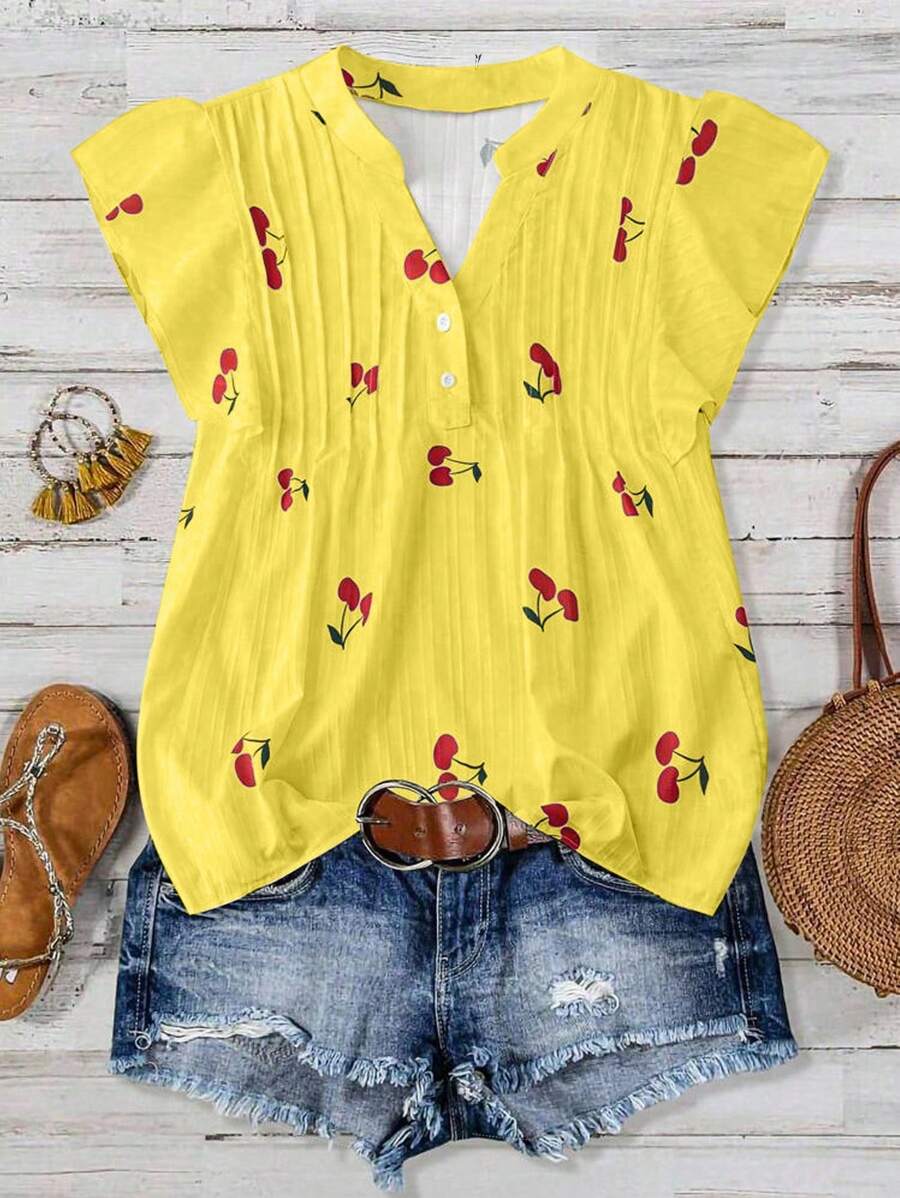 SHEIN Clasi Blusa de manga fluida con cuello y estampado de cerezas casual para uso diario y vacaciones para mujer