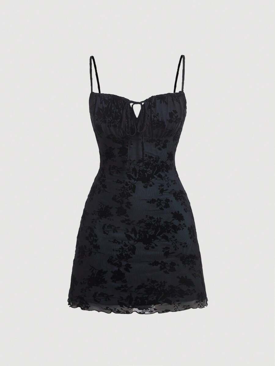 SHEIN MOD Floral Print Ruched Bust Frill Trim Cami Dress