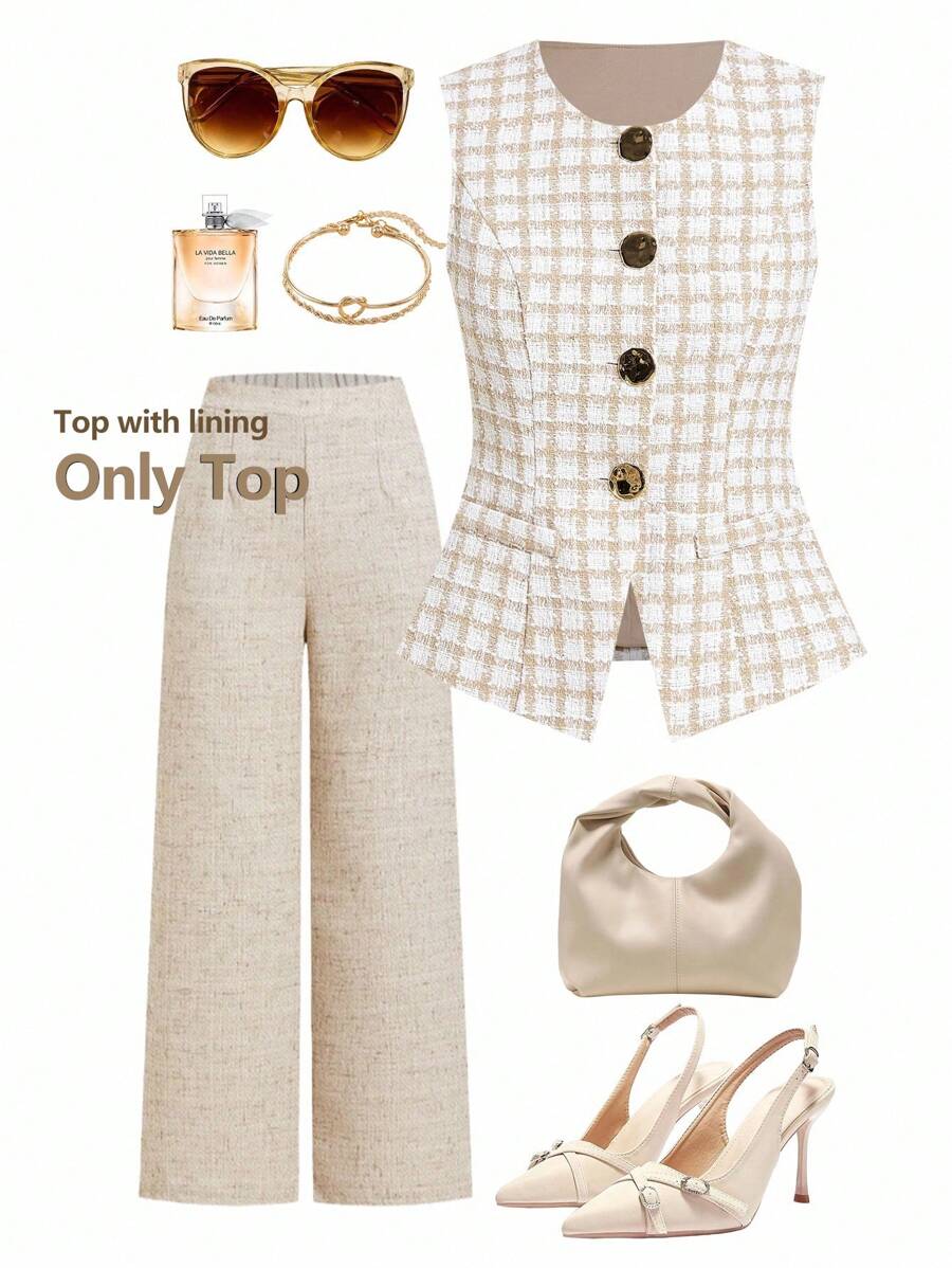 Ellevyn French Style Women Sleeveless Metallic Button Vest Blouse For Commuting Fall Women Clothes Old Money Style Women Work/Office Business Casual Woman Office Outfits For Women Teacher Outfits For Women Vintage Clothes Women Business Casual Woman Tops Set Teacher Outfits For Women Fall Women Clothes