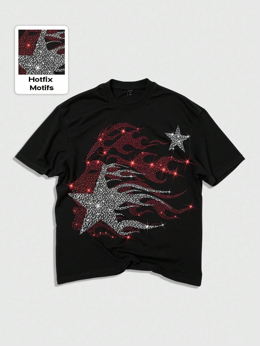 ROMWE MEN Street Life Camiseta de manga corta de verano para hombre con estrella de cinco puntas y adornos de strass, de uso casual en la calle