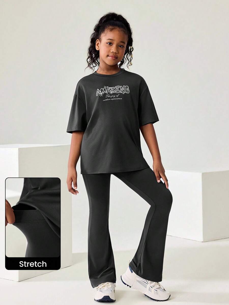 JNSQ Back To School Outdoor Sports Loose T-Shirt & Flare Pants Set, Kids Round Neck Funny Letter Print Oversized T-Shirt & Yoga Flare Pants 2pcs Outfit