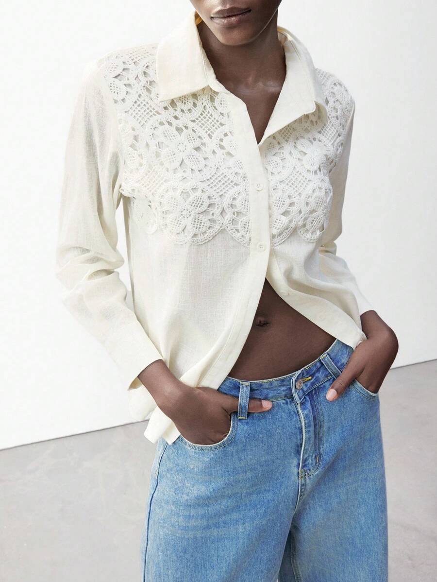 Maija Women's Apricot Textured Fabric Contrast Lace Long Sleeve Button Down Casual Shirt, Suitable For Daily And Holiday Wear, Fits Bohemian Style For Spring Break