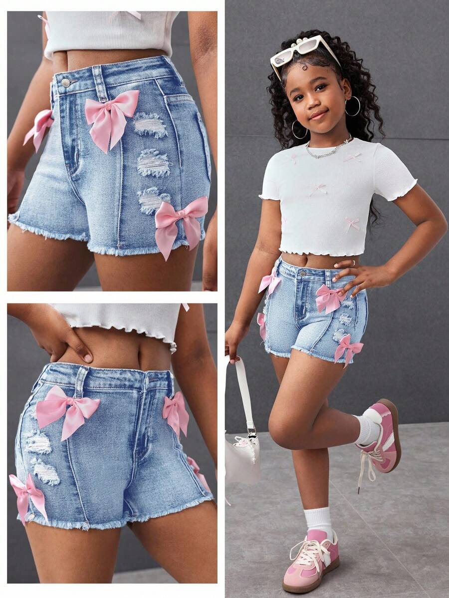 SHEIN Pantaloni scurți din denim cu model casual, stil stradă, în culori contrastante, cu funde, model uzat și margini brute, pentru fete preadolescente