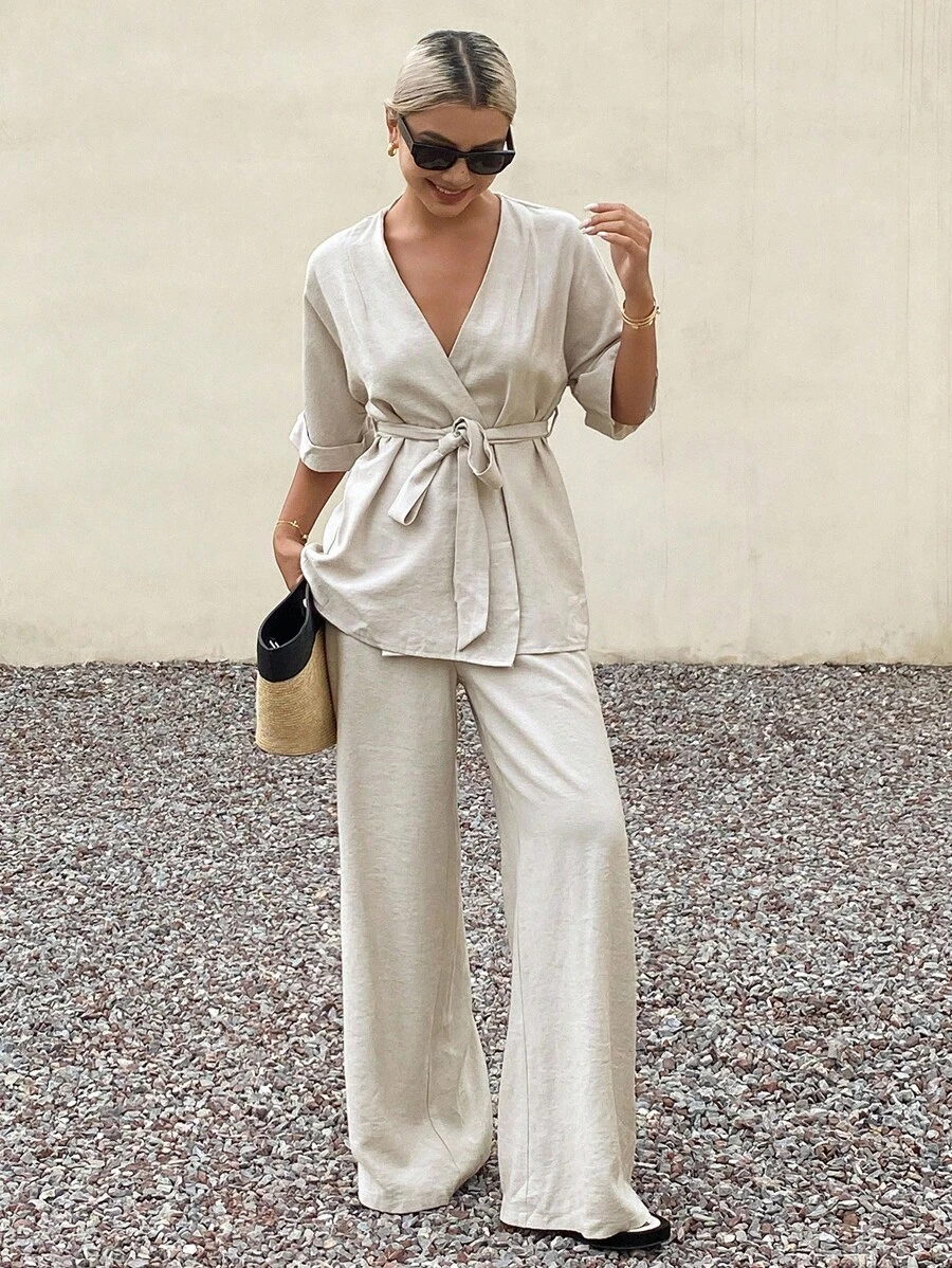 Livesso Ensemble 2 pièces en lin décontracté pour femmes, nouvelle collection automne