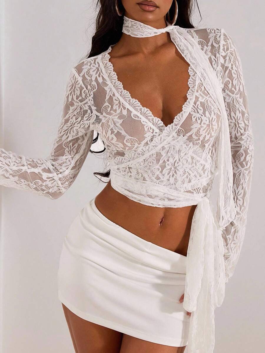 Opulessa Women's Floral Lace Long Sleeve Cropped Sexy Fitted Blouse Holiday Outfits Summer Outfits Vacation White Lace Top Lace Long Sleeve Top White Sheer Top Lace Wrap Top White Lace Crop Top
