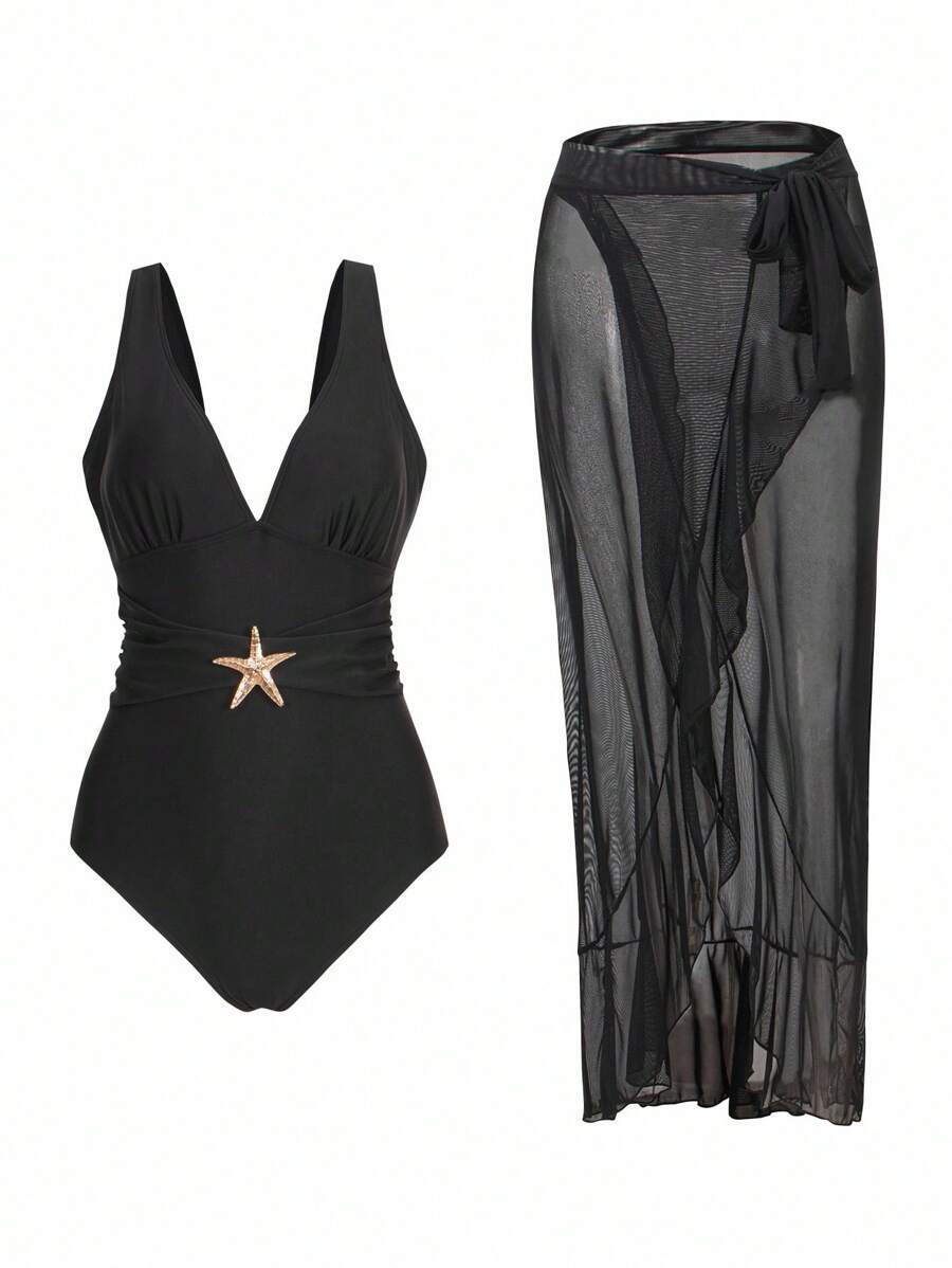 Swim Oasis Maillot de bain une pièce pour femme avec encolure en V et robe longue en maille de plage, 2 pièces ensemble de bain