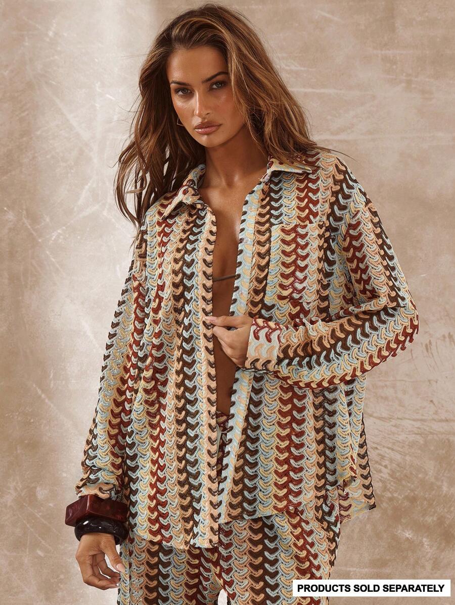 Musera Resort Textured Patterned Oversized Long Sleeve Shirt Boho Ibiza Cute Sexy Vacation Summer Beach Swimwear Cover Up Hot Skin