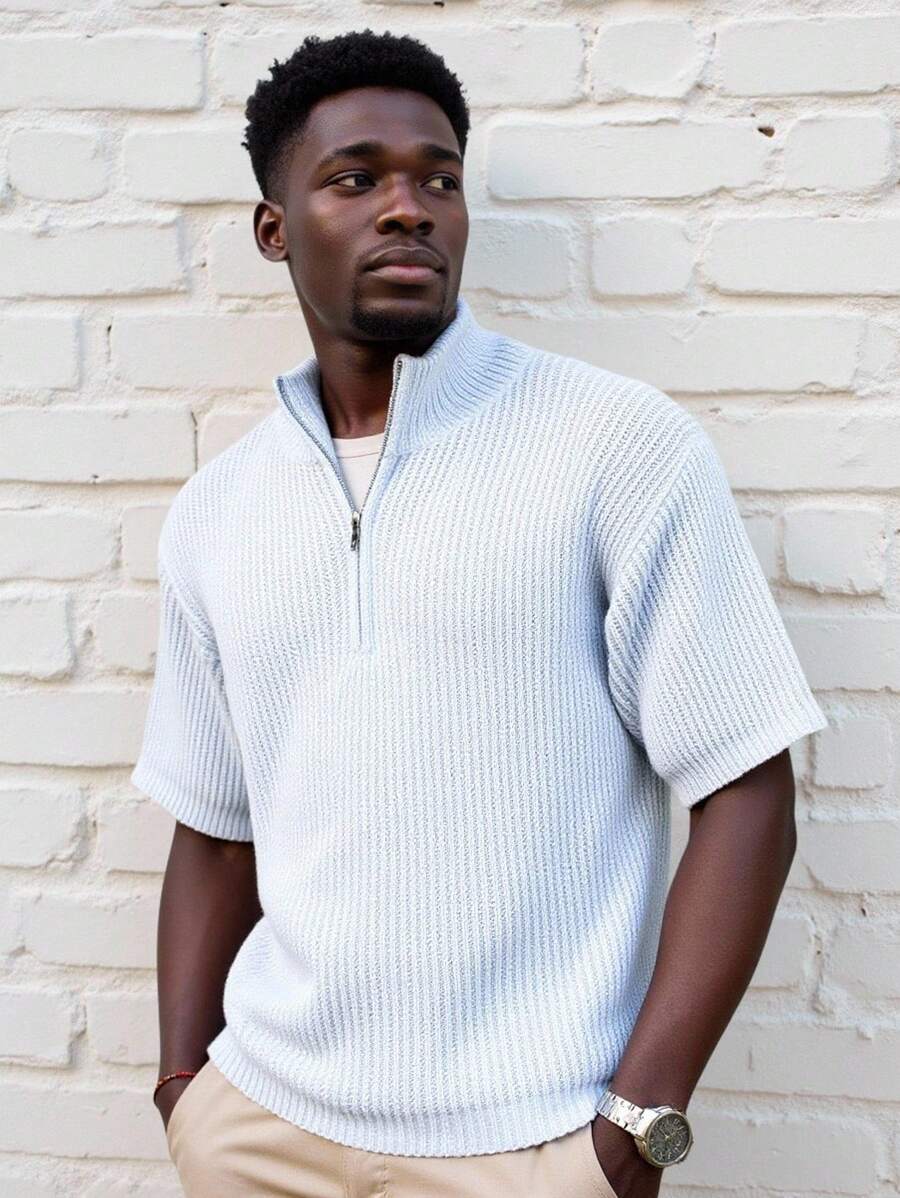Manfinity Homme Camiseta casual de punto con cremallera hasta la mitad del pecho y manga corta de unicolor para hombre, P, para amigos