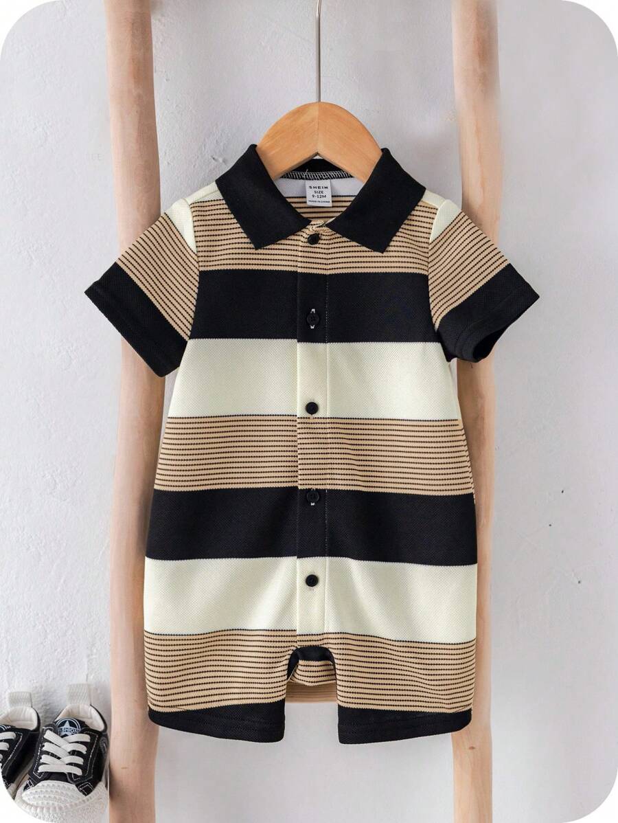 SHEIN Enterizo de punto a rayas de manga corta para bebé recién nacido niño, adecuado para fiesta de cumpleaños, fiesta de noche, evento, boda, celebración de un mes, bautizo y baby shower del primer cumpleaños, verano