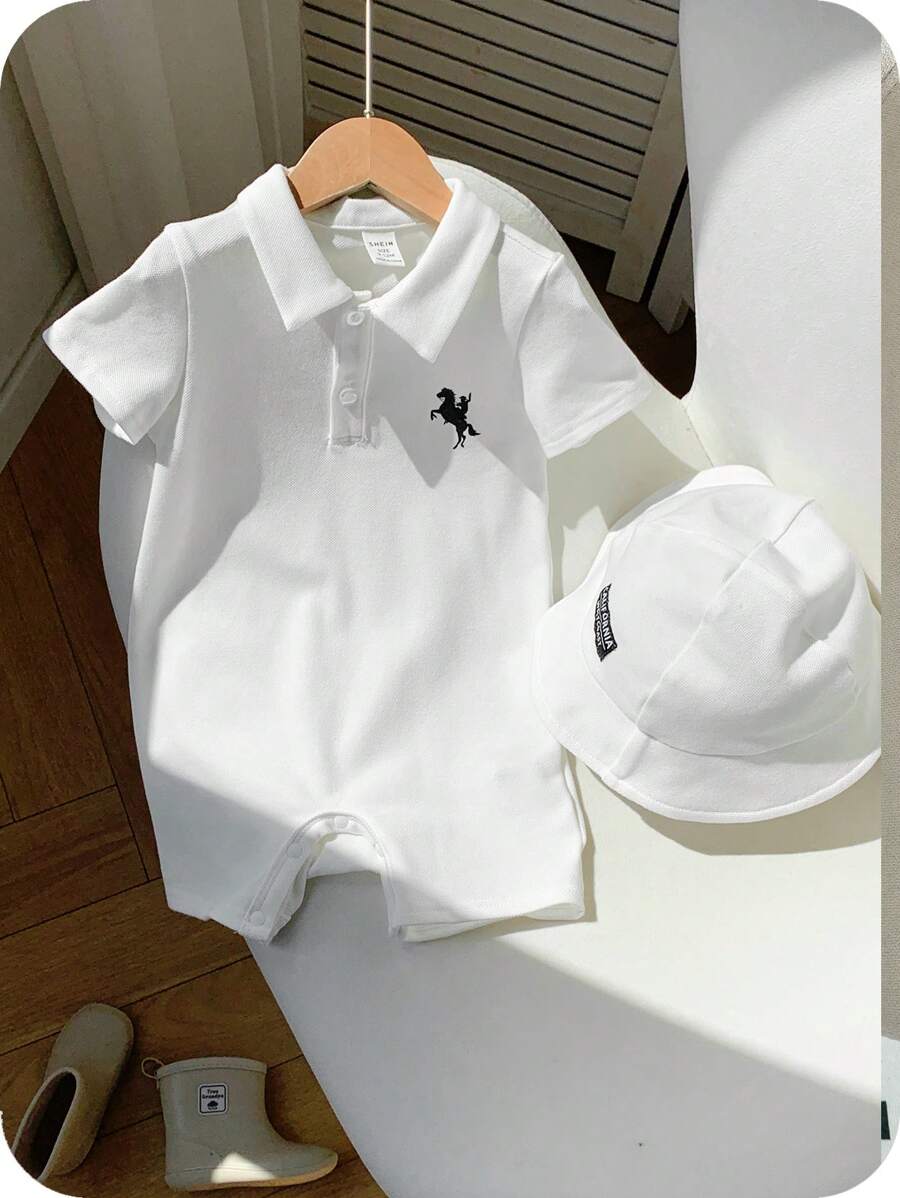 SHEIN Set de 2 piezas para bebé recién nacido niño/niña con trajecito de una pieza de manga corta con cuello y sombrero tipo sol con estampado retro de caballos, cómodo para interior, exterior, uso diario, deportes, juego, fiesta, sesión de fotos, vacaciones, primavera/verano